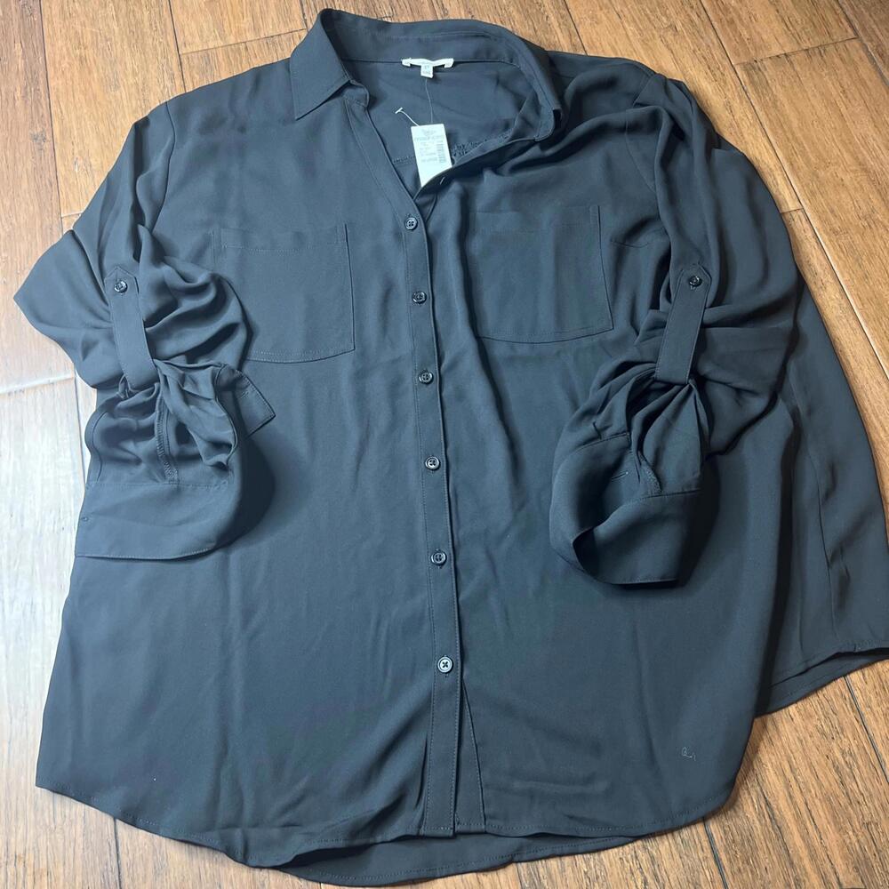 NWT Maurices Black $39 Button Down Collared Roll Tab Sleeve Top, Plus Size 2X